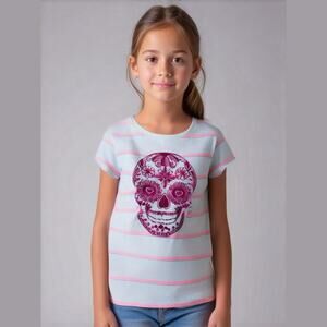 Arizona Jean Company Girls Top Size Large 14 Pink Cream Sugar Skull Striped NEW